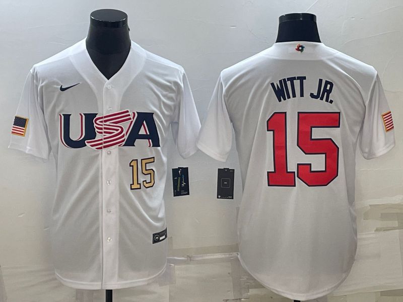 Men 2023 World Cub USA 15 Witt jr White Nike MLB Jersey2